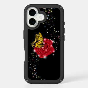 Butterfly on red Rose with Stars and Raindrops iPhone 16 Case