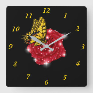 Butterfly on red Rose with Stars and Raindrops Square Wall Clock