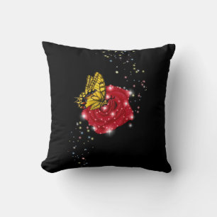 Butterfly on red Rose with Stars and Raindrops Throw Pillow