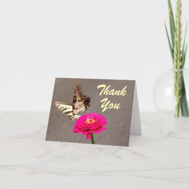 Butterfly on Red Zinnia Pavement Background Thank  Thank You Card (Front)