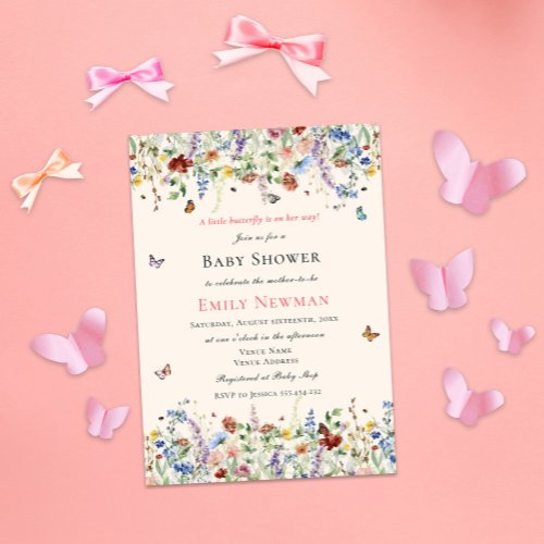Butterfly on the Way  Floral Girl Baby Shower Invitation