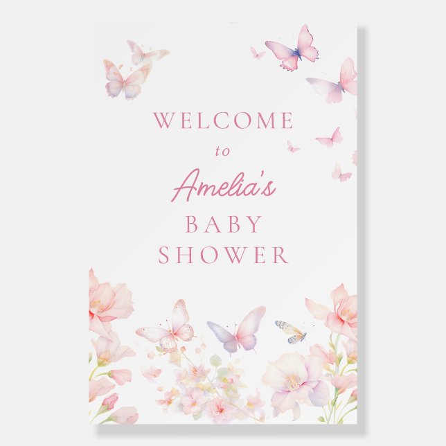 Butterfly on the Way Pink Baby Shower Welcome Sign (Front)