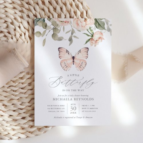 Butterfly on the Way Pink Floral Girl Baby Shower Invitation