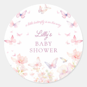 Butterfly on the Way Pink Flowers Baby Shower Classic Round Sticker