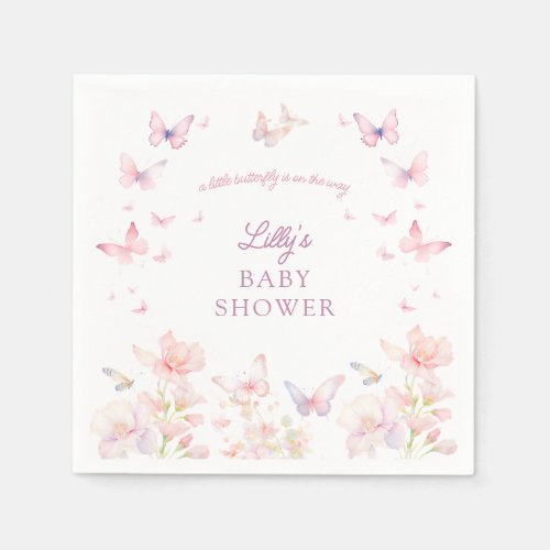 Butterfly on the Way Pink Flowers Baby Shower Napkins