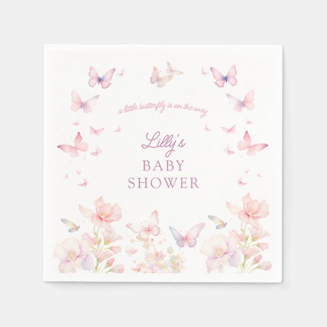 Butterfly on the Way Pink Flowers Baby Shower Napkins (Front)