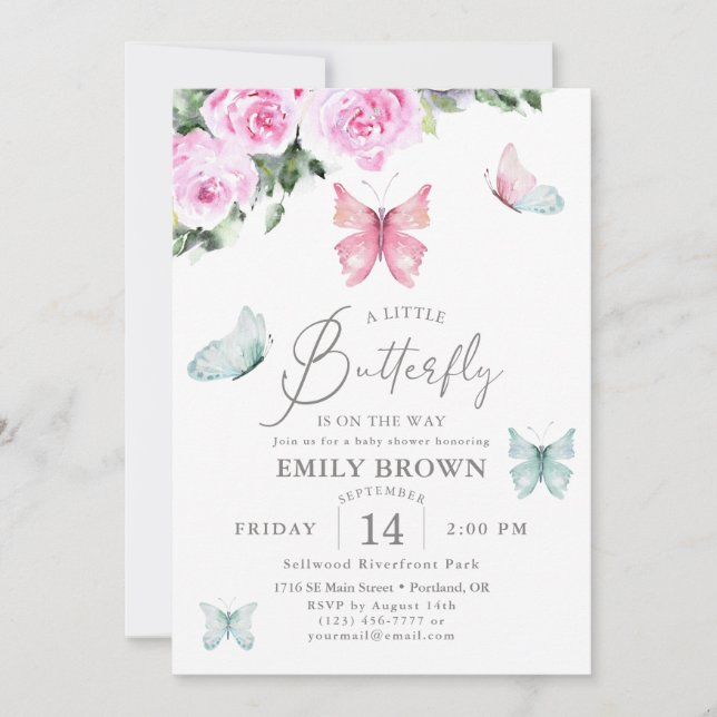 Butterfly on the Way Pink Roses Girl Baby Shower Invitation (Front)