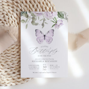 Butterfly on the Way Purple Floral Baby Shower Invitation