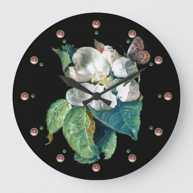 BUTTERFLY ON THE WHITE FLOWER  BLACK FLORAL LARGE CLOCK (Front)