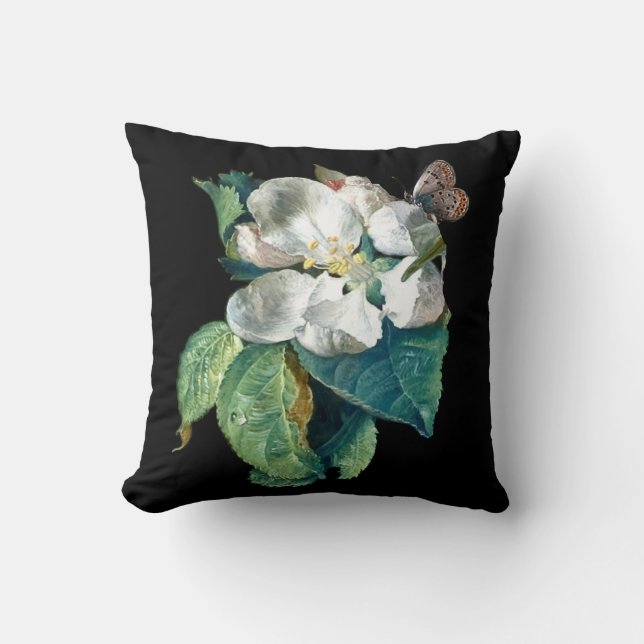 BUTTERFLY ON THE WHITE FLOWER , BLACK FLORAL THROW PILLOW (Front)