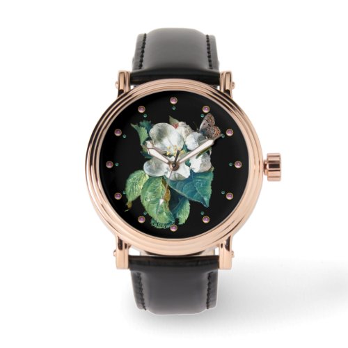 BUTTERFLY ON THE WHITE FLOWER  BLACK FLORAL WATCH