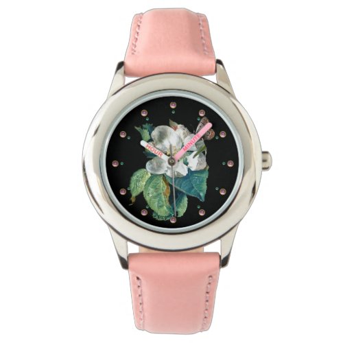 BUTTERFLY ON THE WHITE FLOWER  BLACK FLORAL WATCH