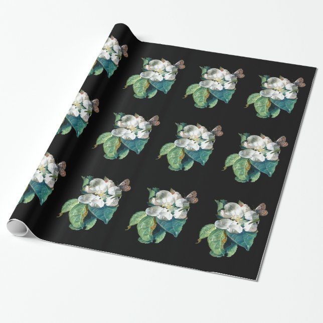 BUTTERFLY ON THE WHITE FLOWER , FLORAL WRAPPING PAPER (Unrolled)