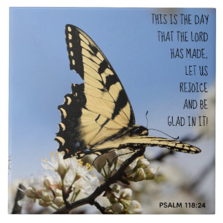 Butterfly on white blossom, verse Psalm 118:2 Ceramic Tile