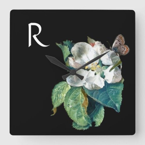 BUTTERFLY ON WHITE FLOWER  BLACK FLORAL MONOGRAM SQUARE WALL CLOCK