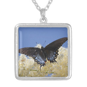 Butterfly On White Flowers Silver Plated Necklace