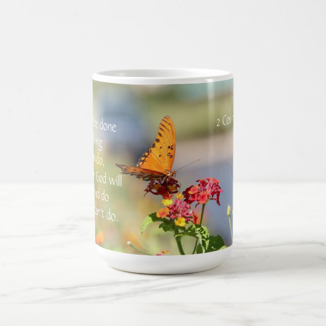 Butterfly on Wildflowers w Corinthians Bible Verse Coffee Mug (Center)