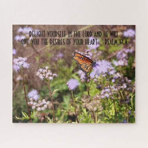 Butterfly on wildflowers w verse from Psalm 374 Jigsaw Puzzle