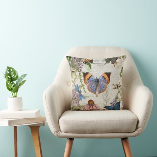 Butterfly Orange Blue Botanical Vintage Floral Art Throw Pillow