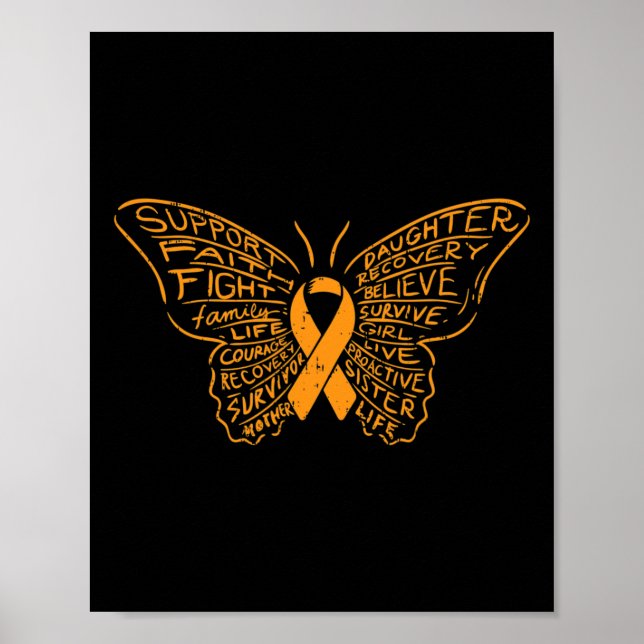 Butterfly Orange Ribbon Cancer Leukemia Awareness  Poster (Front)