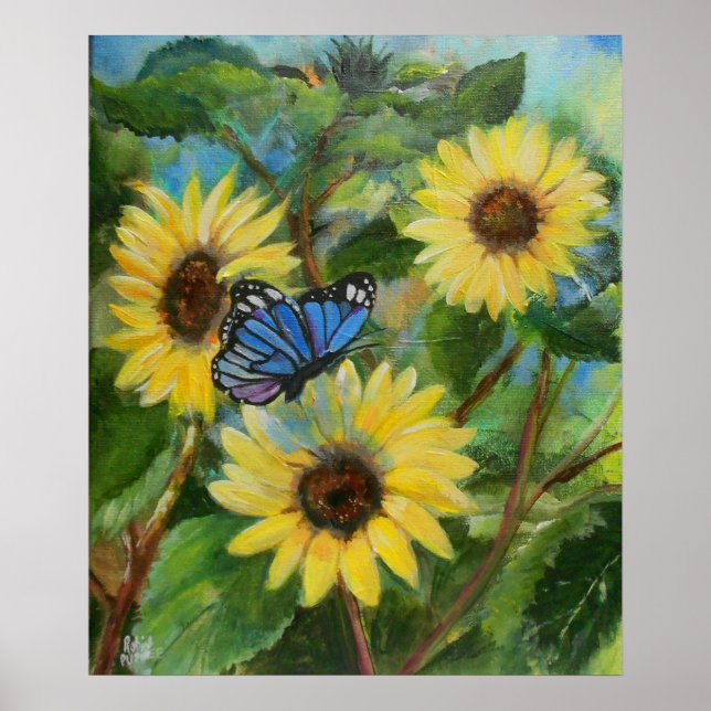 Butterfly over Sunflowers Poster (Front)