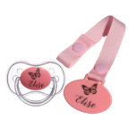 Butterfly Pacifier And Pacifier Clip<br><div class="desc">Personalized Pacifier and Pacifier Clip with Butterfly Design. The Clip comes with high quality grosgrain ribbon. CPSC TESTED AND CERTIFIED. The customization is laser engraved and guaranteed to never fade.
BPA FREE,  PHTHALATE FREE,  LEAD FREE.</div>