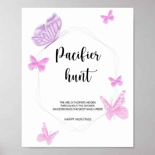 Butterfly pacifier hunt baby shower game poster