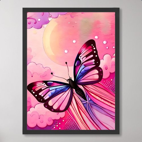 butterfly painting fly to cloud pink afternoon sun poster