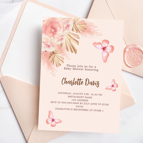 Butterfly pampas grass pink girl Baby Shower Invitation