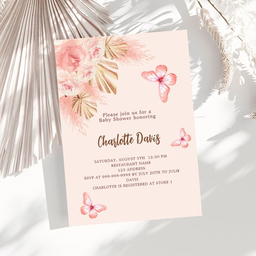 Butterfly pampas grass pink luxury Baby Shower Invitation