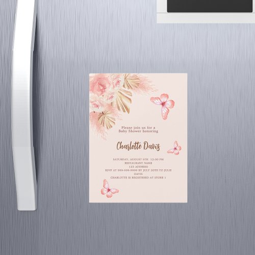 Butterfly pampas grass pink luxury Baby Shower Magnetic Invitation