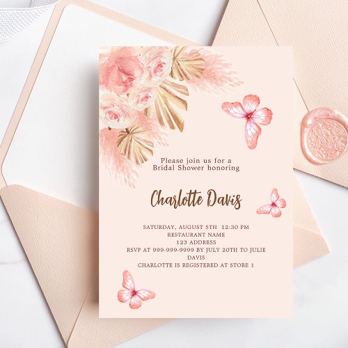 Butterfly pampas grass pink luxury Bridal Shower Invitation