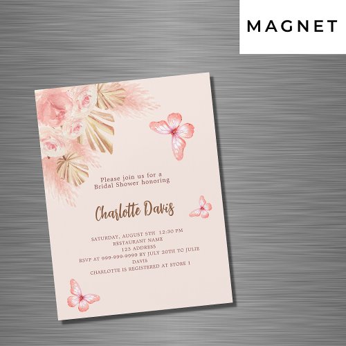 Butterfly pampas grass pink luxury Bridal Shower Magnetic Invitation