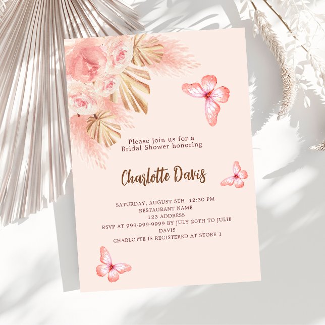 Butterfly pampas grass pink rose Bridal Shower Invitation (Creator Uploaded)