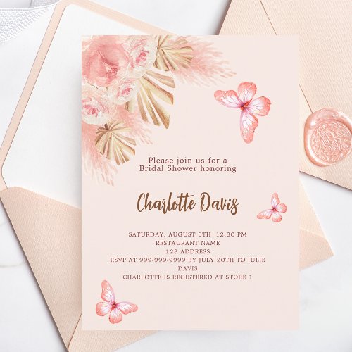 Butterfly pampas grass pink rose Bridal Shower Invitation Postcard