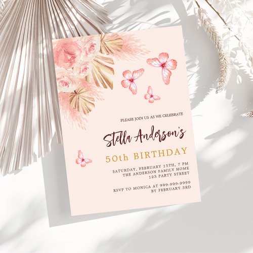Butterfly pampas grass pink rose gold birthday invitation