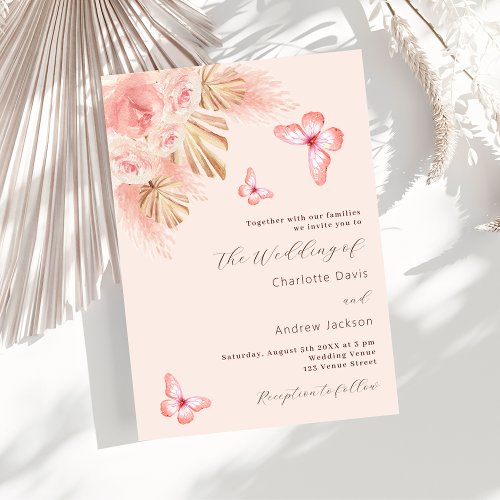 Butterfly pampas grass pink rose gold wedding invitation
