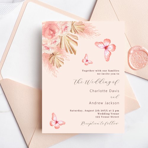 Butterfly pampas grass pink rose gold wedding invitation postcard