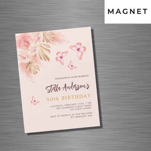 Butterfly pampas grass pink rose luxury birthday magnetic invitation