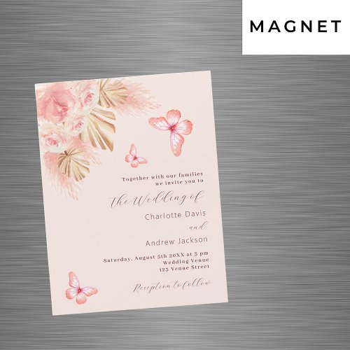 Butterfly pampas grass rose gold luxury wedding magnetic invitation
