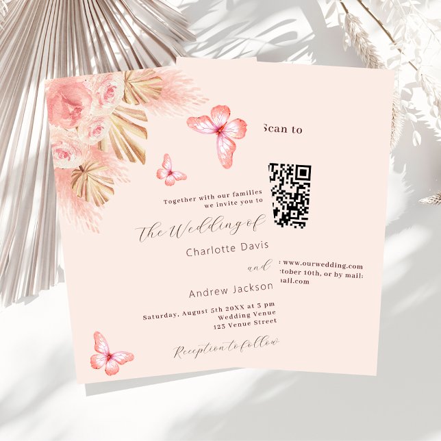 Butterfly pampas grass rose gold QR RSVP wedding Invitation (Creator Uploaded)