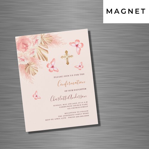 Butterfly pampas rose peach luxury Confirmation Magnetic Invitation