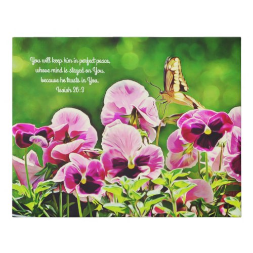 Butterfly Pansies Scripture Faux Canvas
