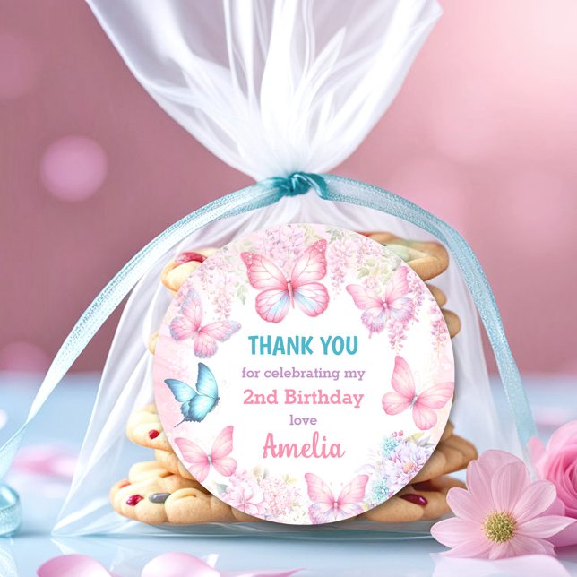 Butterfly Party Pink Floral Summer Girl Birthday  Classic Round Sticker (Butterfly Party Pink Floral Summer Girl Birthday Classic Round Sticker)