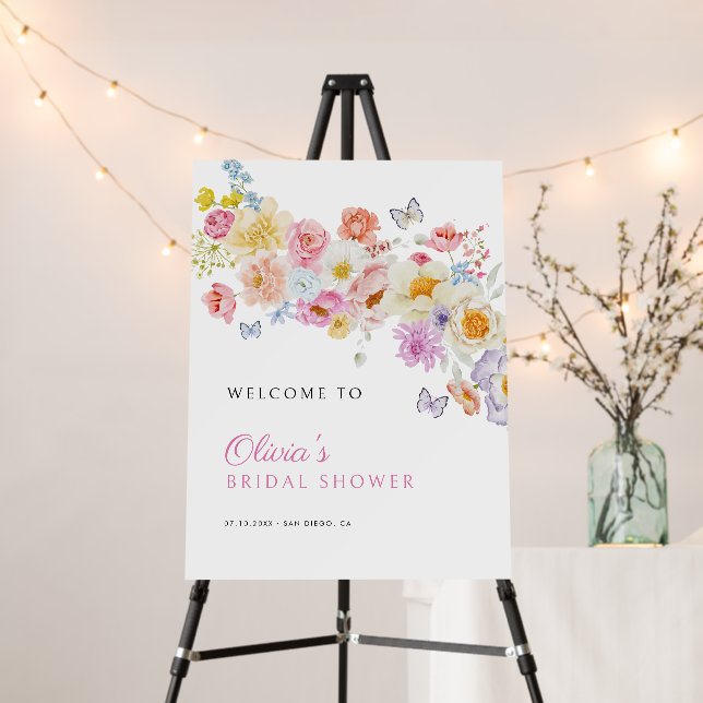 Butterfly Pastel Bloom Bridal Shower Welcome Foam Board (In Situ (Stand))