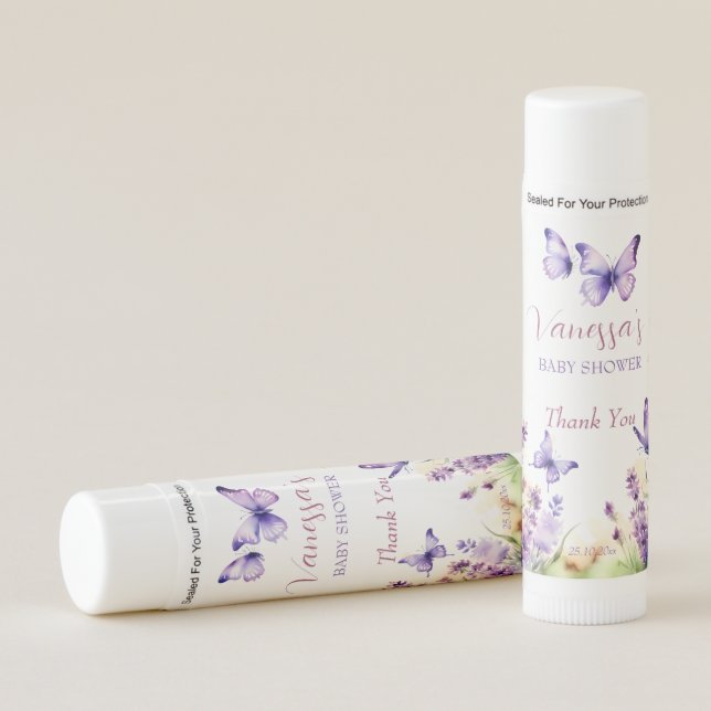 Butterfly pastel lavender lilac baby shower favors lip balm (Front)