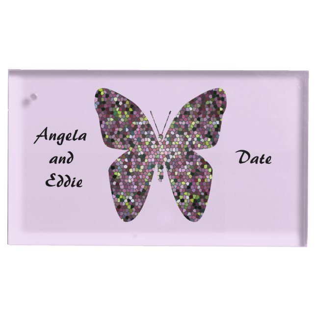 Butterfly Pastel Mosaic Pattern Wedding Reception Place Card Holder (Front)