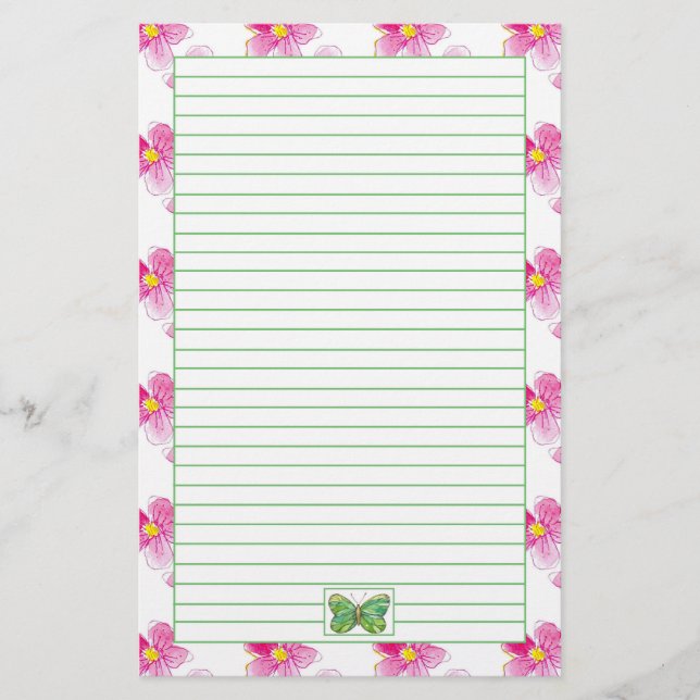 Butterfly Pastel Pink Watercolor Flowers Lined Stationery (Front)
