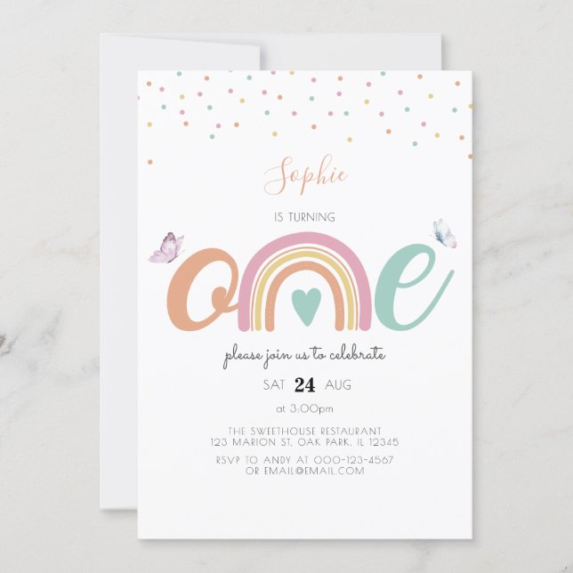 Butterfly Pastel Rainbow First Birthday Invitation (Front)