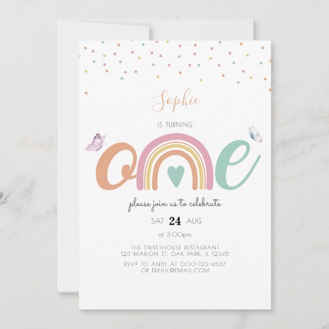 Butterfly Pastel Rainbow First Birthday Invitation (Front)